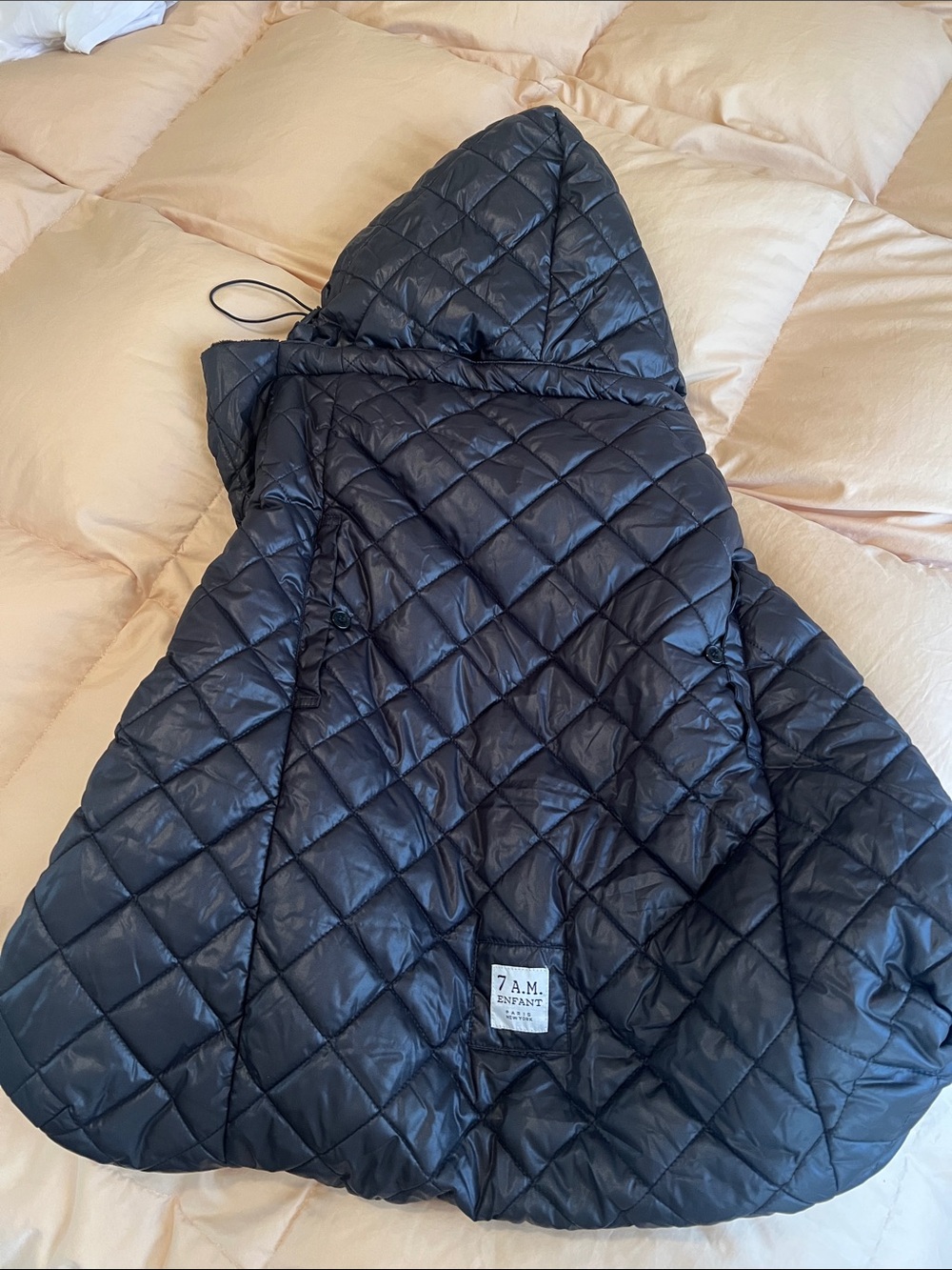 7 A.M. Enfant Quilted Hooded Puffer - Black. Stroller/carrier cover